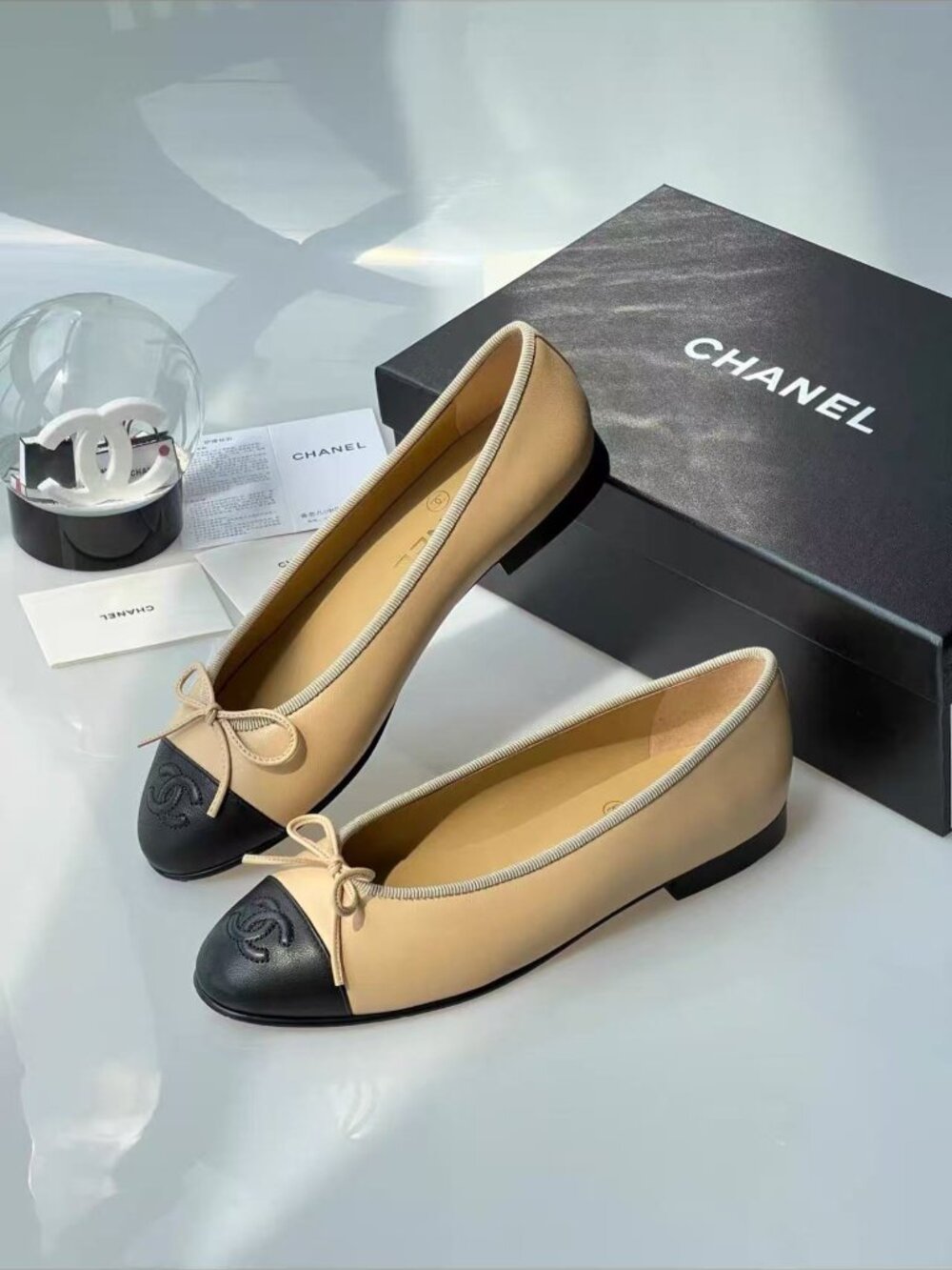 CHANEL Beige Black Leather Ballerinas
